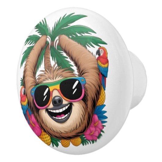Kawaii Tropical Sloth – Cute Summer Vibes Rainbow  Keramische Knop (Rechts)