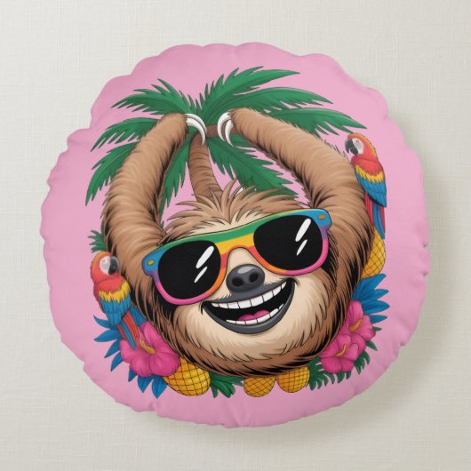 Kawaii Tropical Sloth – Cute Summer Vibes Rainbow  Rond Kussen (Voorkant)