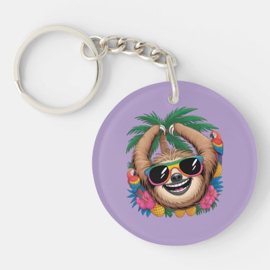 Kawaii Tropical Sloth – Cute Summer Vibes Rainbow  Sleutelhanger (Voorkant)