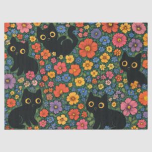 Kawaii Tuin Kunst – Cute Zwarte Kat Bloem Motief Tissuepapier