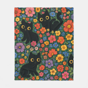 Kawaii Tuin Kunst Schattige Zwarte Kat Bloem Mot Fleece Deken