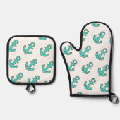 Kawaii Turquoise Anker – grillig en vrolijk Ovenwant & Pannenlap Set (Voorkant)