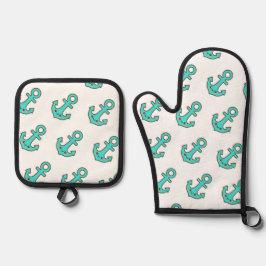 Kawaii Turquoise Anker – grillig en vrolijk Ovenwant & Pannenlap Set