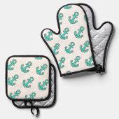 Kawaii Turquoise Anker – grillig en vrolijk Ovenwant & Pannenlap Set (Voorkant / Achterkant)