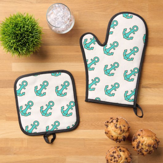 Kawaii Turquoise Anker – grillig en vrolijk Ovenwant & Pannenlap Set (Top down)
