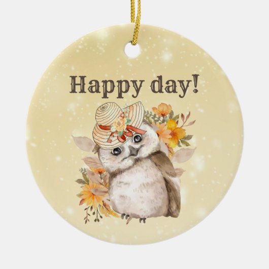 Kawaii uil met warme bladeren achtergrond keramisch ornament (Voorkant)