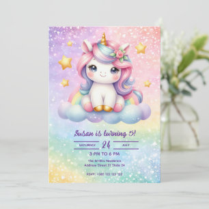 Kawaii Unicorn Girl's Birthday Party Uitnodiging
