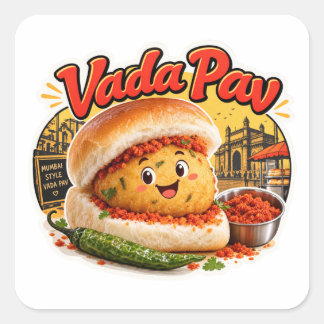 Kawaii Vada Pav Sticker, Mumbai Straatvoedsel Retr Vierkante Sticker