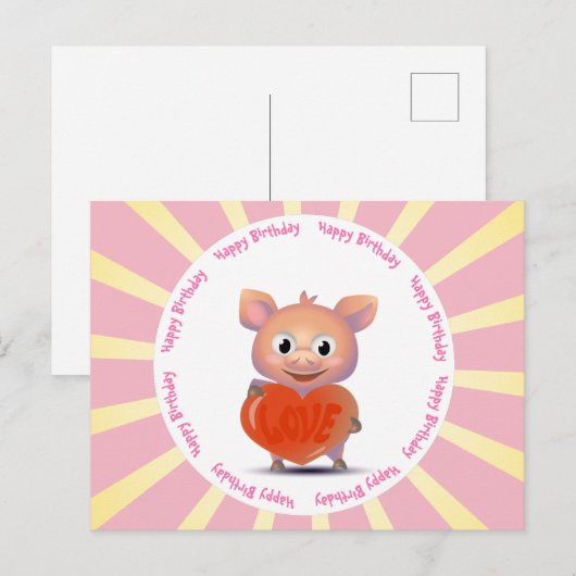 kawaii varken, hart van liefde briefkaart (Voorkant / Achterkant)