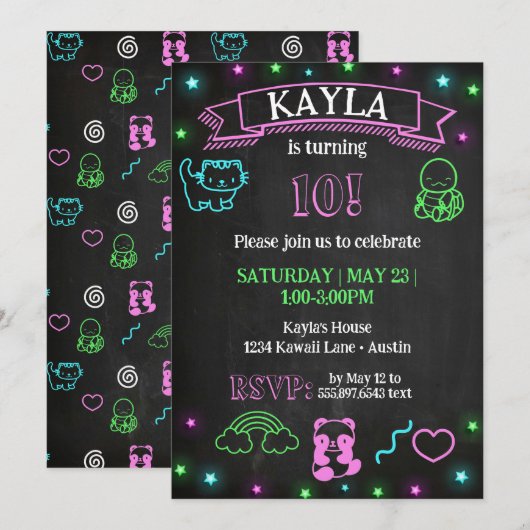 Kawaii Verjaardag Krijtbord Neon Party Uitnodiging (Voorkant / Achterkant)