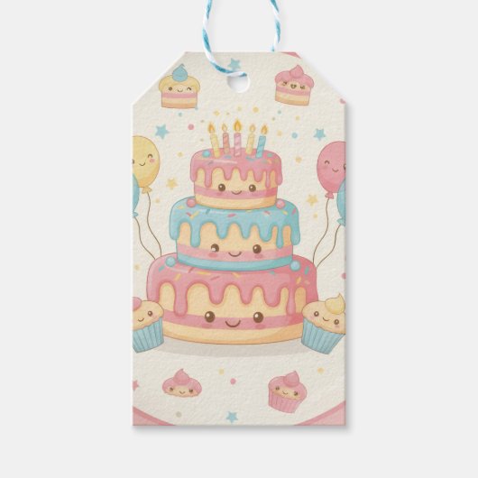 Kawaii Verjaardag - Mooie Taart en Cupcakes Cadeaulabel (Voorkant)