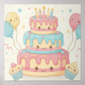Kawaii Verjaardag - Mooie Taart en Cupcakes Poster (Voorkant)