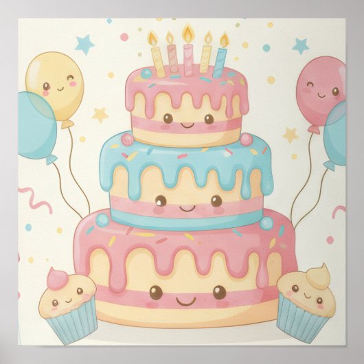 Kawaii Verjaardag - Mooie Taart en Cupcakes Poster (Voorkant)