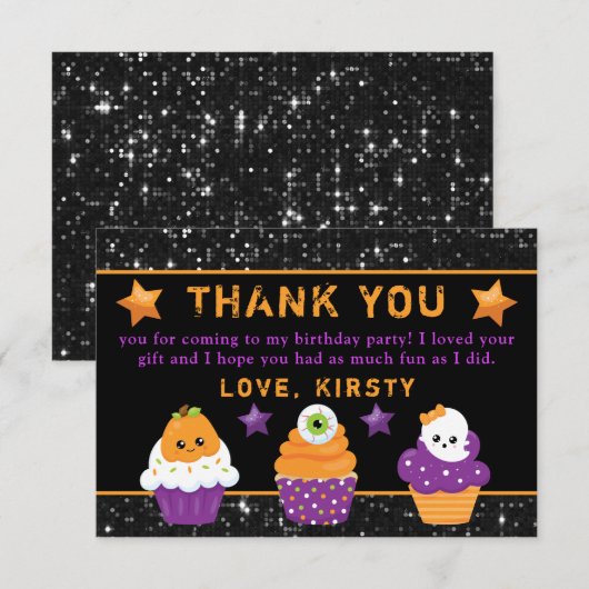 Kawaii verjaardagscupcakes voor Halloween Bedankkaart (Voorkant / Achterkant)