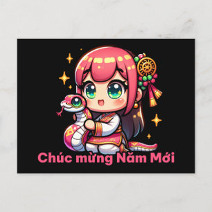 Kawaii Vietnamees Nieuwjaar Meisje & Slang Briefkaart