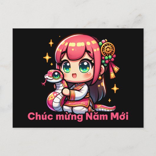 Kawaii Vietnamees Nieuwjaar Meisje & Slang Briefkaart (Voorkant)