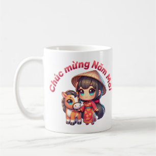 Kawaii Vietnamees Nieuwjaarsmeisje & Paard Koffiemok