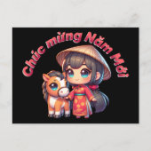 Kawaii Vietnamese New Year Girl & Horse Briefkaart (Voorkant)