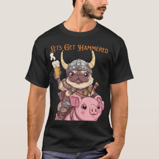 Kawaii Viking Pug Rijdt Varken met Bier Schattige T-shirt