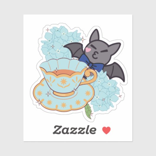 Kawaii Vleermuis en Hydrangea Theetijd Sticker (Vel)