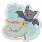 Kawaii Vleermuis en Hydrangea Theetijd Sticker (Voorkant)