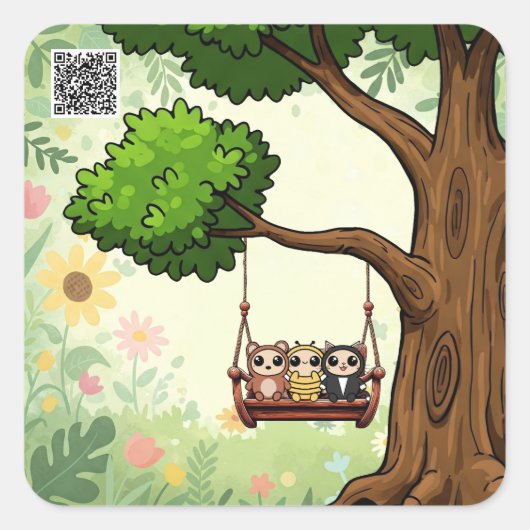 Kawaii Vrienden op een Swing Sticker (Voorkant)