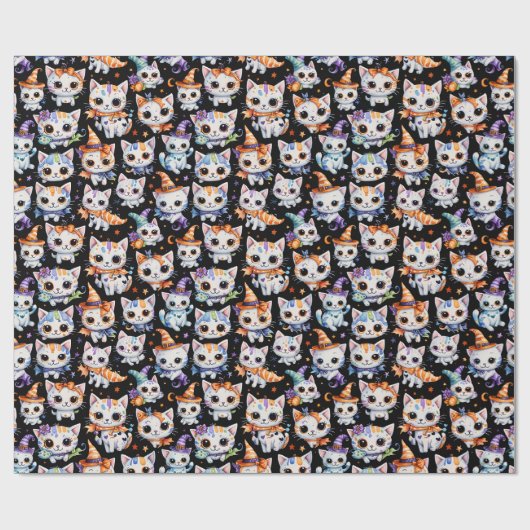 Kawaii Watercolor Halloween Witch Kittens Cadeaupapier (Vlak)