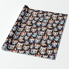 Kawaii Watercolor Halloween Witch Kittens Cadeaupapier