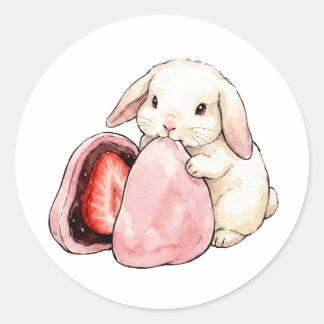 Kawaii Watercolor Konijn Eet Strawberry Mochi Ronde Sticker