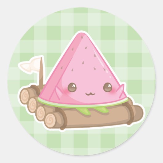 Kawaii Watermelon Slice in Schattigee Bruine Root Ronde Sticker (Voorkant)