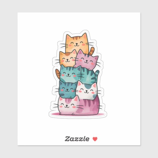 Kawaii Waterverf Cat Stack Schattigee Sticker (Vel)