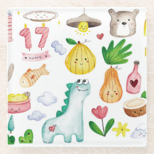 Kawaii waterverf doodles, klaar voor de sticker. glazen onderzetter