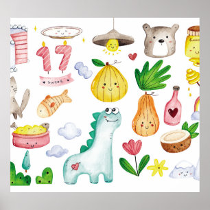 Kawaii waterverf doodles, klaar voor de sticker. poster