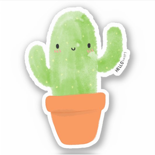 kawaii waterverf potcactus botanisch sticker (Voorkant)