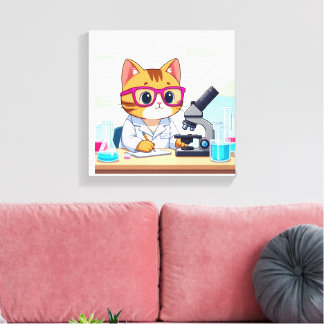 Kawaii Wetenschapper Kat – Mooie Cartoon Lab Canva Canvas Afdruk