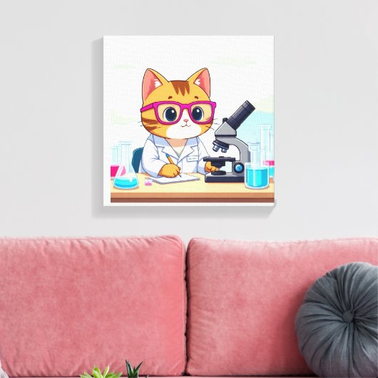 Kawaii Wetenschapper Kat – Mooie Cartoon Lab Canva Canvas Afdruk (Insitu (Woonkamer))