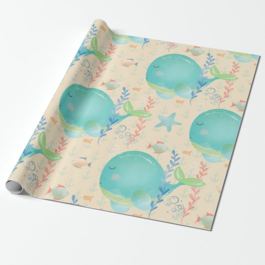 Kawaii Whale onder het Zee Baby shower Cadeaupapier (Uitgerold)