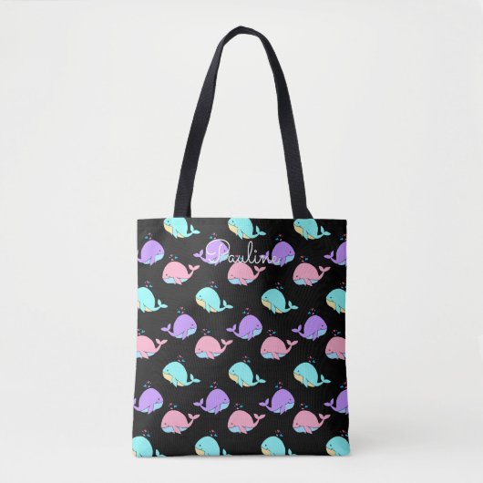 Kawaii Whale Pattern Gepersonaliseerd Black Tote Bag (Voorkant)