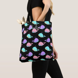 Kawaii Whale Pattern Gepersonaliseerd Black Tote Bag