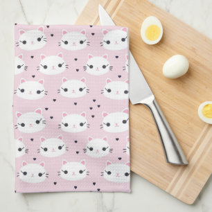 Kawaii White Cat Face Pattern op Roze Theedoek