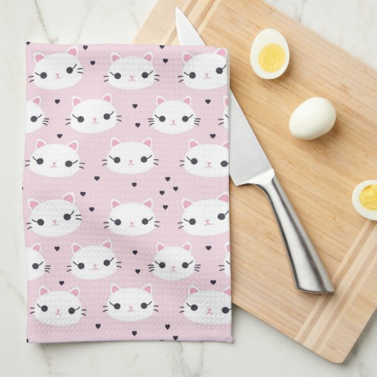 Kawaii White Cat Face Pattern op Roze Theedoek (Quarter Fold)