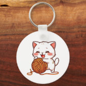 Kawaii White Kitten with Woolen Ball Keychain (Voorkant)