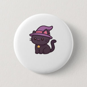 Kawaii Witch Cat in Paarse Petten Classic T-shirt Ronde Button 5,7 Cm