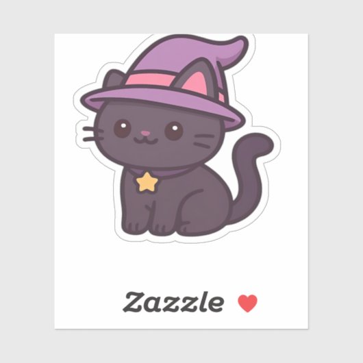 Kawaii Witch Cat in Paarse Petten Classic T-shirt Sticker (Vel)