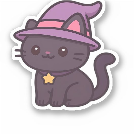 Kawaii Witch Cat in Paarse Petten Classic T-shirt Sticker (Voorkant)
