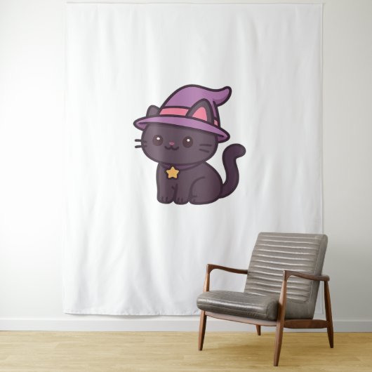 Kawaii Witch Cat in Paarse Petten Classic T-shirt Wandkleed (In situ)