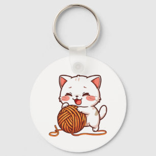 Kawaii Witte Kitten met Wolbal Sleutelhanger