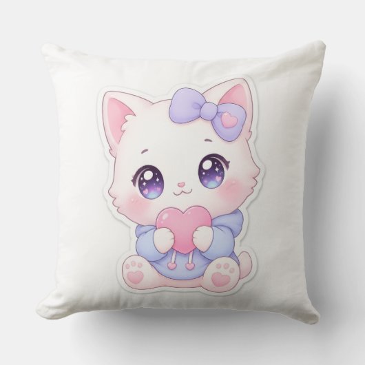 Kawaii Witte Kittenschoot & Paarse Strik Kussen (Voorkant)