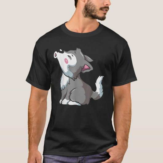 Kawaii Wolf Howling Grey Pup Funny Dierenvriend Cu T-shirt (Voorkant)