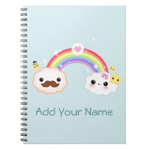 Kawaii-wolkenpaar met regenboog en sterren notitieboek